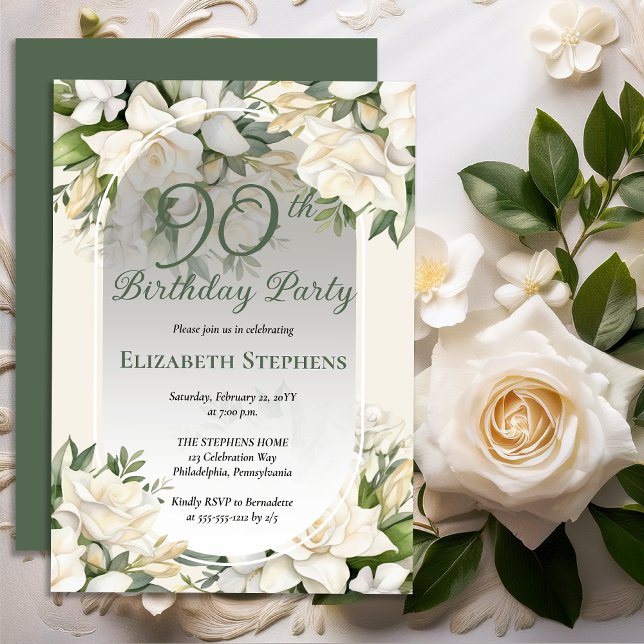 Convites Elegant White Gardenia Floral 90th Birthday Party (Elegant White Gardenia Floral 90th Birthday Party Invitations -- Print | Digital Download)