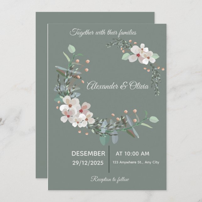 Convites Elegant White & Green Wedding Invitation (Frente/Verso)