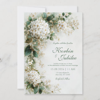 Convites Elegant White Hydrangea Gold Botanical Wedding
