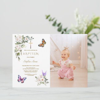 Convites Elegant White Lily Butterfly Girl Photo Baptism