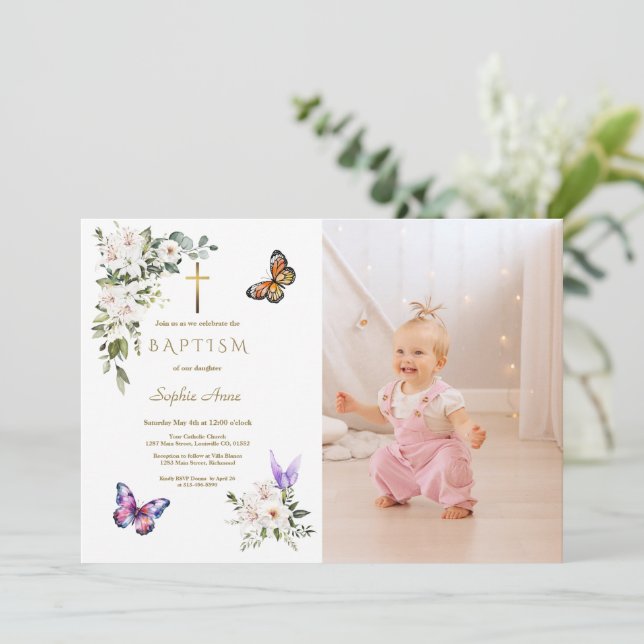 Convites Elegant White Lily Butterfly Girl Photo Baptism (Em pé/Frente)