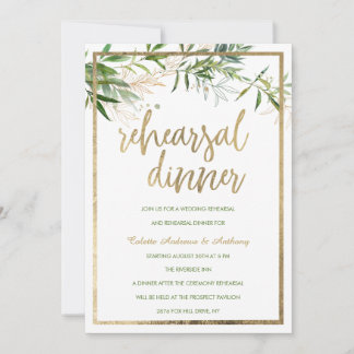 Convites Elegant white mint gold foliage Rehearsal Dinner