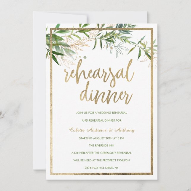 Convites Elegant white mint gold foliage Rehearsal Dinner (Frente)