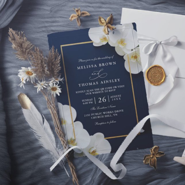 Convites elegant white orchid blooms chic qr code wedding (Criador carregado)