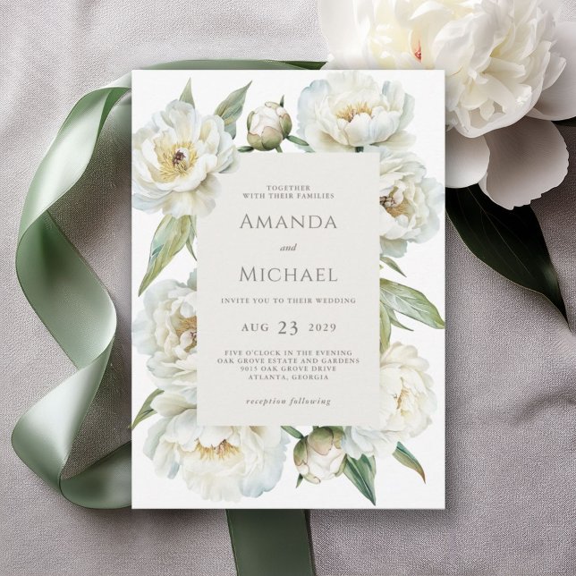 Convites Elegant White Peony & Sage Green Floral Wedding (Available in both printed and instant download digital formats.)