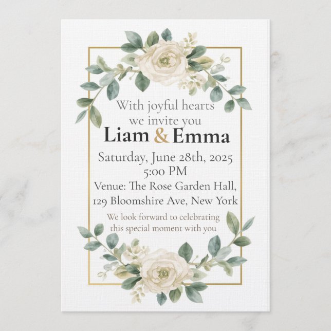 Convites Elegant White Rose Greenery Wedding Invitation (Frente)