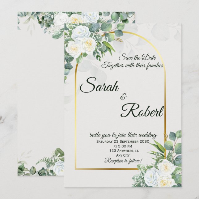 Convites Elegant White Rose Greenery Wedding Invitation (Frente/Verso)