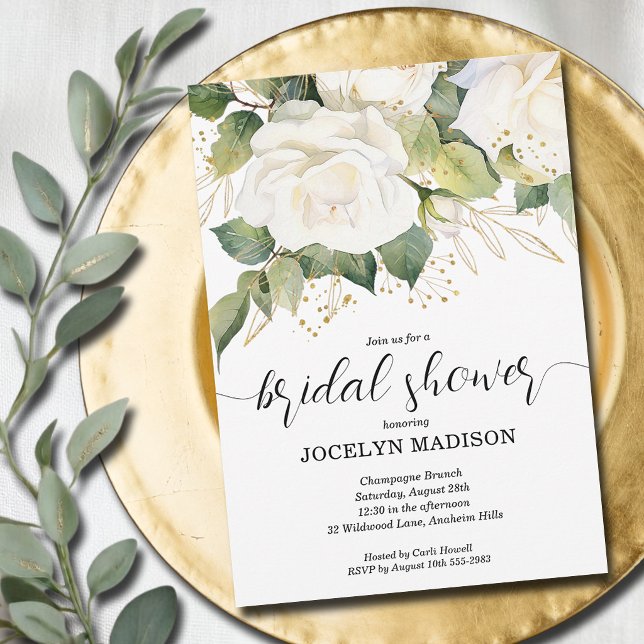 Convites Elegant White Roses Bridal Shower Invitation (Elegant white roses, gold leaves bridal shower invitation INSTANT DOWNLOAD and/or PRINTED)
