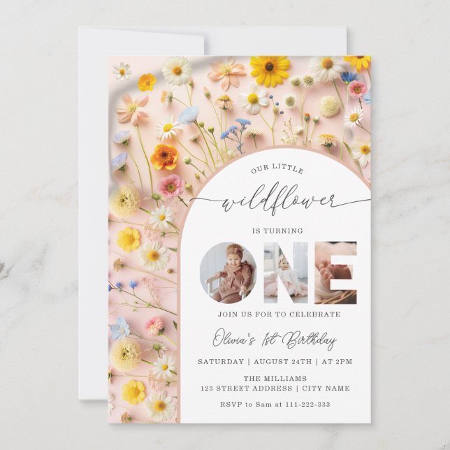 Convites Elegant Wildflower 1st Birthday Photo (Frente)
