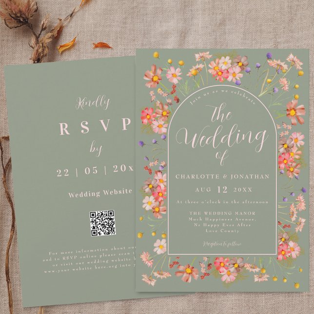 Convites Elegant Wildflower Arch Sage Green Blush Wedding (Elegant Wildflower floral arch sage green and blush pink Wedding qr code invitation )