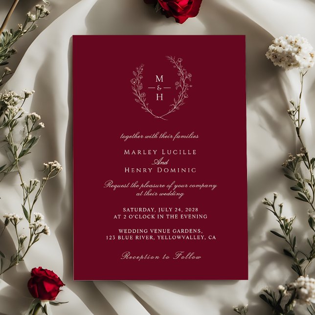 Convites Elegant Wildflower Monogram Burgundy Wedding (Criador carregado)