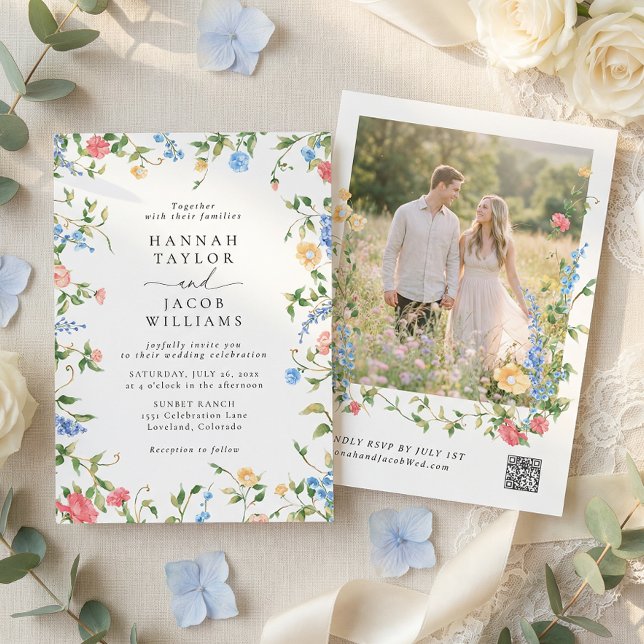 Convites Elegant Wildflower Photo QR Code RSVP Wedding (Criador carregado)