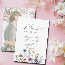 Convites Elegant Wildflower Spring Wedding with Photo Back