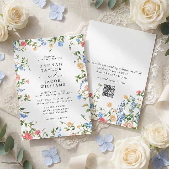 Convites Elegant Wildflower Summer QR Code RSVP Wedding (Criador carregado)