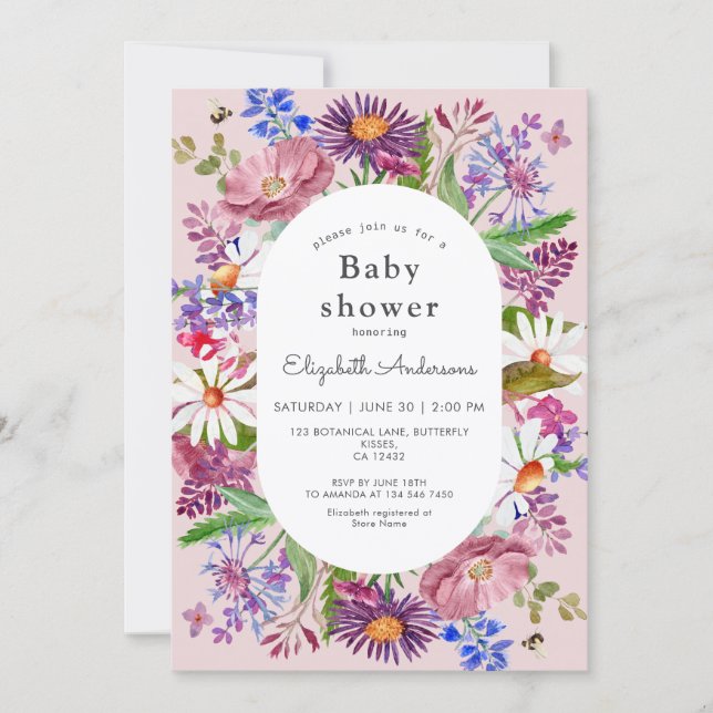 Convites Elegant Wildflower Watercolor Girl Baby Shower (Frente)