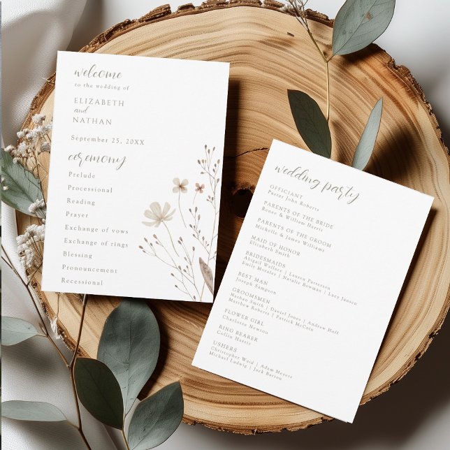 Convites Elegant Wildflower Wedding Ceremony Program Card (Criador carregado)