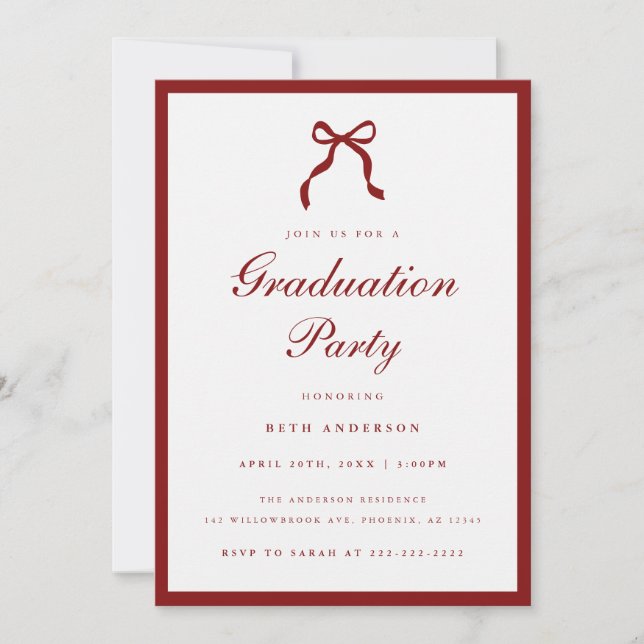 Convites Elegant Wine Red Coquette Bow Graduation Party (Frente)