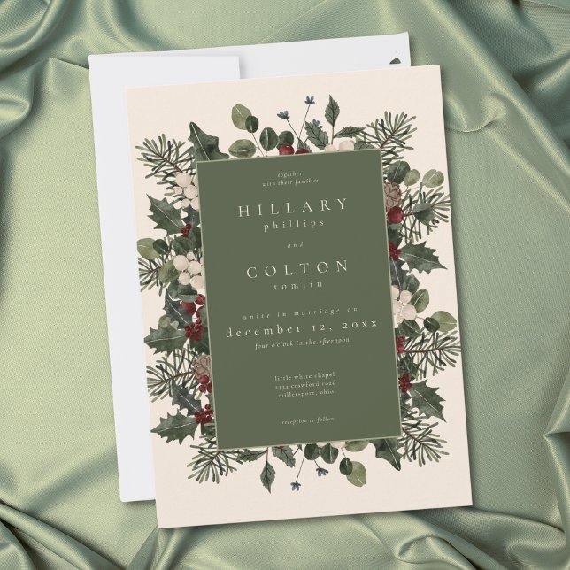 Convites Elegant Winter Berries & Pine Ivory Wedding (Elegant Winter Berries & Pine Ivory Wedding Invitation)