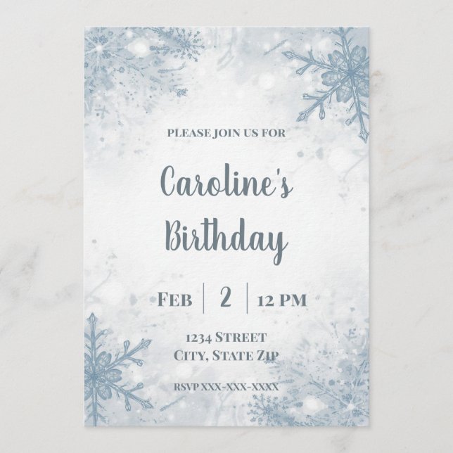 Convites Elegant Winter Birthday Invitation – Snowflakes (Frente)