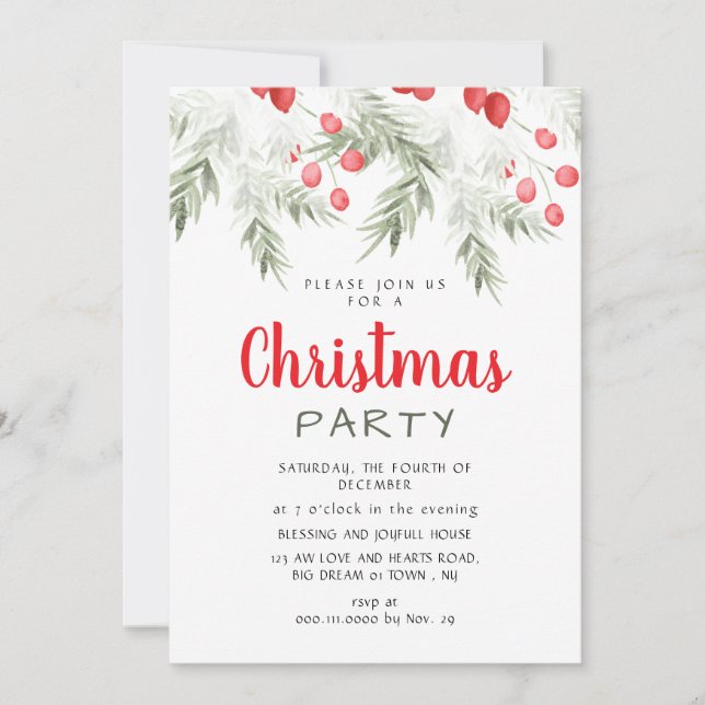 Convites Elegant Winter Greenery Watercolor Christmas Party (Frente)