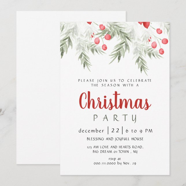 Convites Elegant Winter Greenery Watercolor Christmas Party (Frente/Verso)