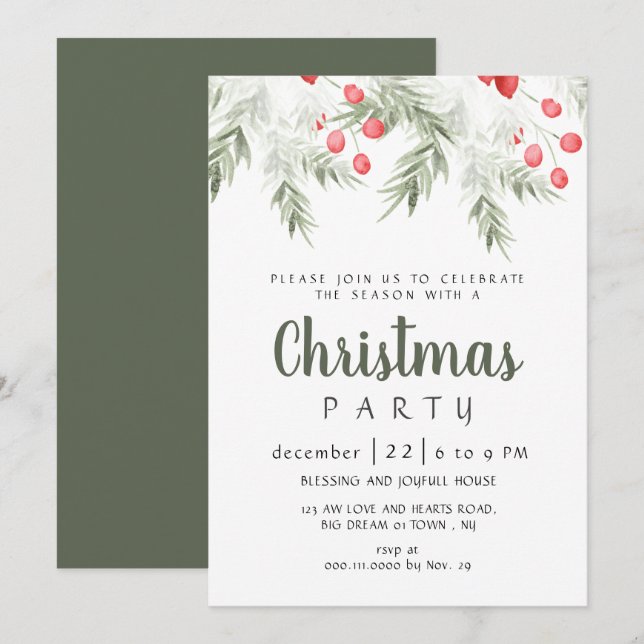 Convites Elegant Winter Greenery Watercolor Christmas Party (Frente/Verso)