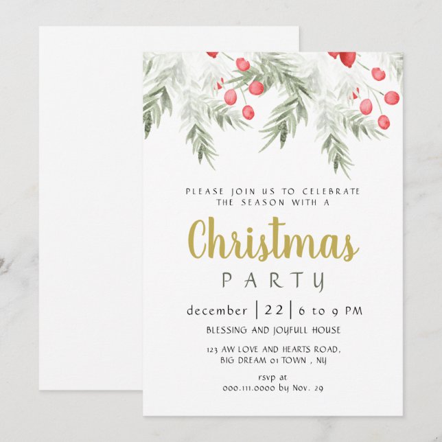 Convites Elegant Winter Greenery Watercolor Christmas Party (Frente/Verso)