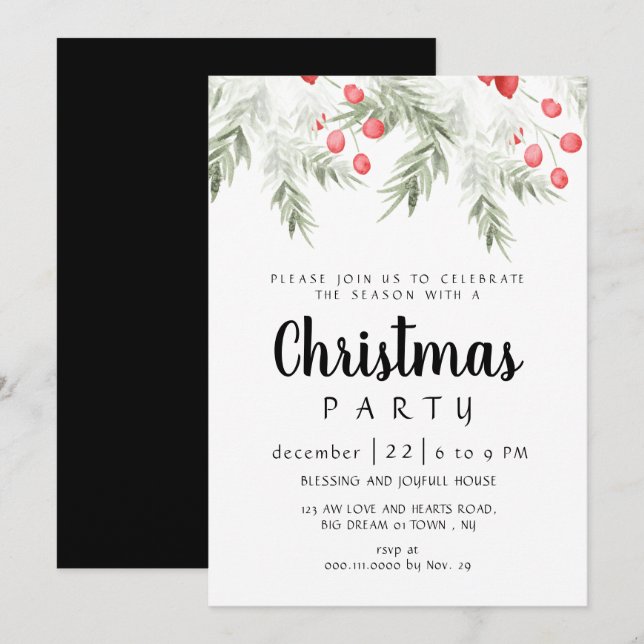Convites Elegant Winter Greenery Watercolor Christmas Party (Frente/Verso)