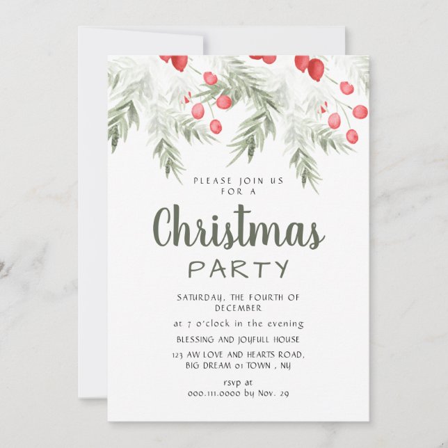 Convites Elegant Winter Greenery Watercolor Christmas Party (Frente)