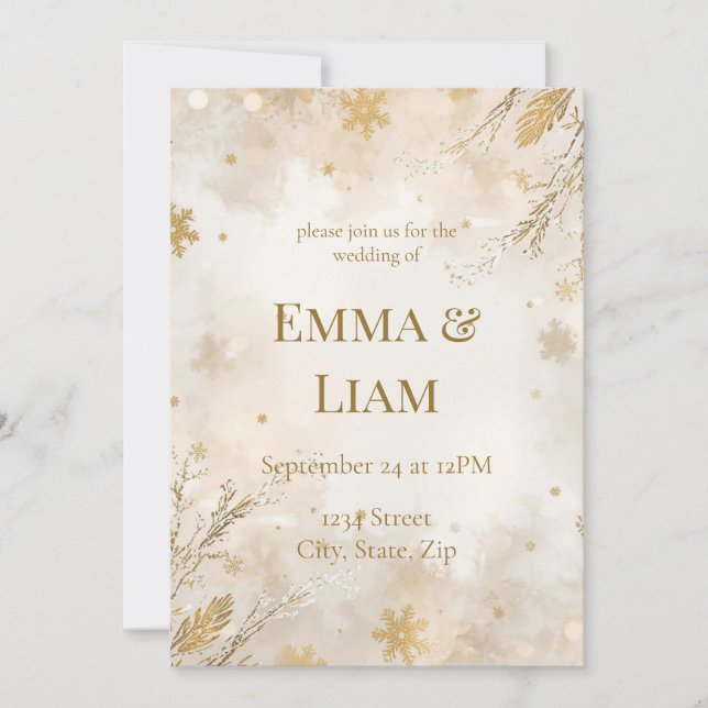 Convites Elegant Winter Wedding Invitation | Ivory & Gold (Frente)