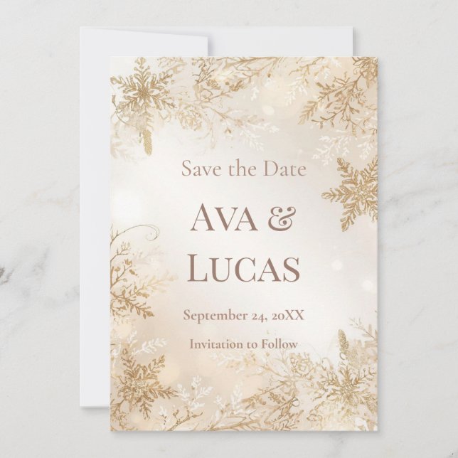 Convites Elegant Winter Wedding Save the Date | Ivory Gold (Frente)