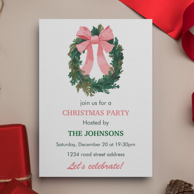 Convites Elegant Wreath & Bow Christmas Party Invitation  (Criador carregado)