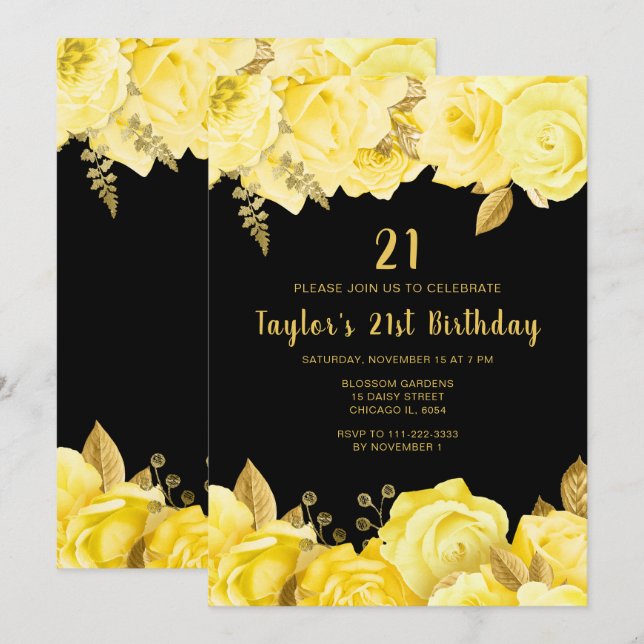 Convites Elegant Yellow and Gold Flowers Birthday Party (Frente/Verso)