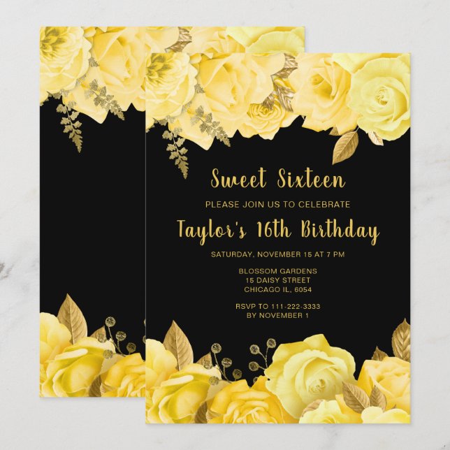 Convites Elegant Yellow and Gold Flowers Sweet Sixteen (Frente/Verso)