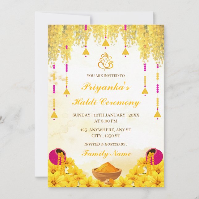 Convites Elegant Yellow Floral Haldi Ceremony Invitation (Frente)