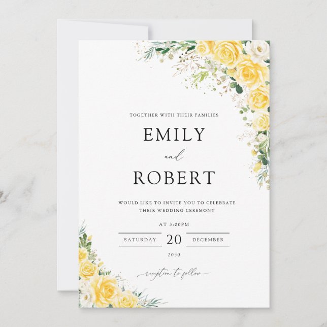 Convites Elegant Yellow Floral Wedding Invitation (Frente)