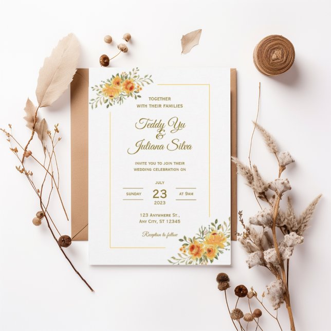 Convites Elegant Yellow Orange Floral Wedding Invitation (Criador carregado)