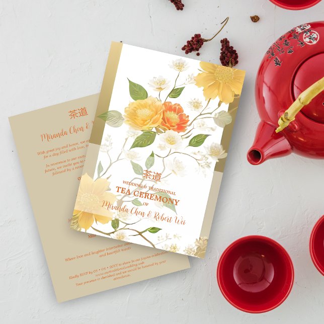 Convites Elegant Yellow & Orange Shades Floral Chinese Tea  (Elegant Yellow & Orange Shades Floral Chinese Tea Ceremony and Wedding Invitation with Envelope.)