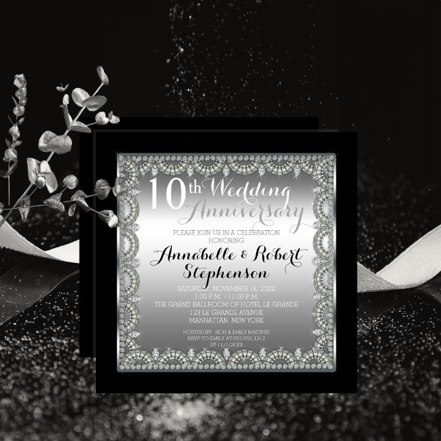 Convites Elegante 10º Aniversário Prata e Diamantes (Elegant 10th Silver Tone Tin-Look and Faux Printed Diamonds Anniversary Square Invitation Print Digi)
