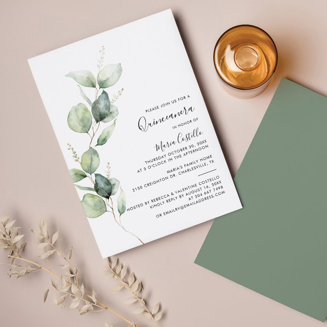 Convites Elegante 15 Birthday Eucalyptus Quinceanera (Quinceanera Greenery Watercolor 15th Birthday Party Invitation)