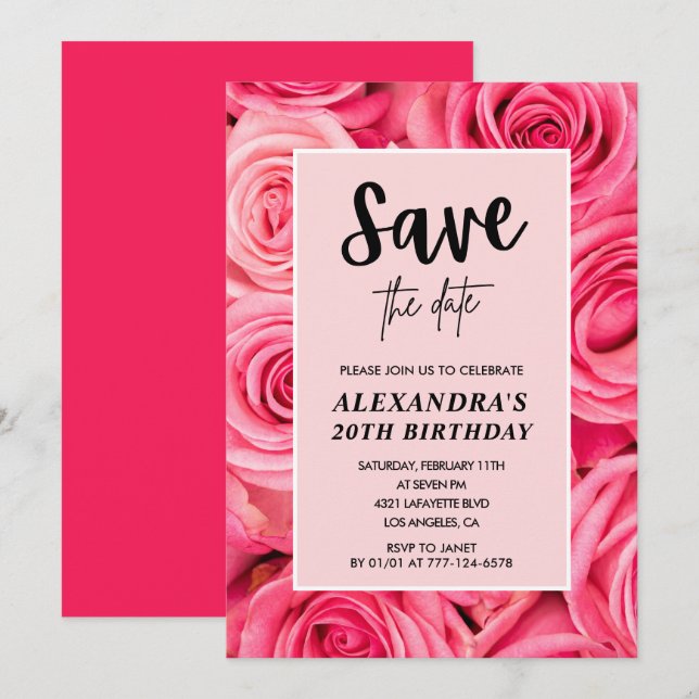 Convites Elegante 20º aniversário Flor Rosa Salvar a data  (Frente/Verso)