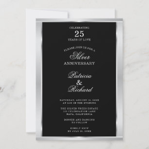 Convites Elegante 25º Aniversário de Casamento Preto e Prat