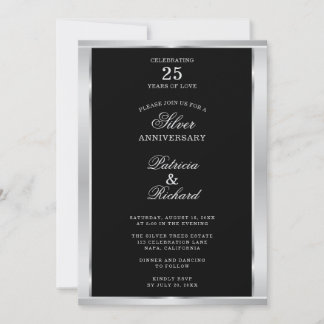 Convites Elegante 25º Aniversário de Casamento Preto e Prat