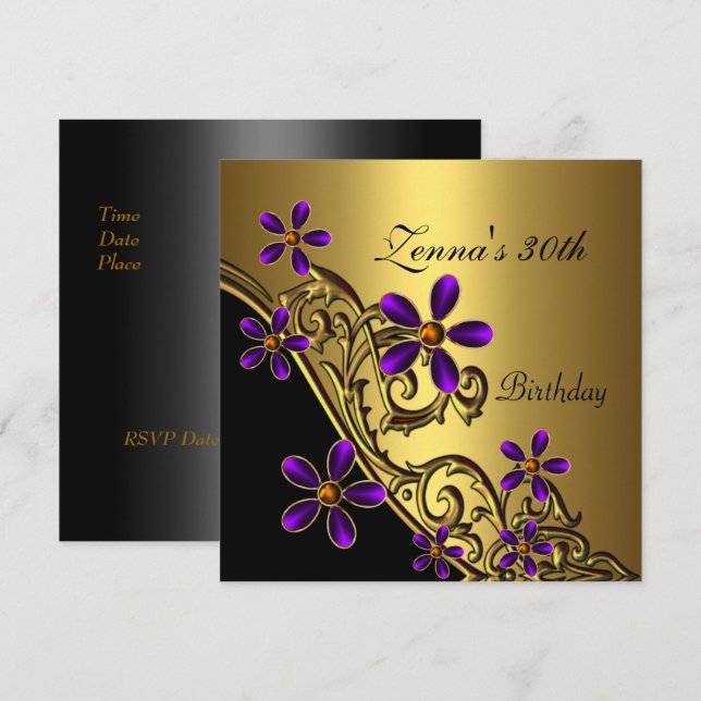 Convites Elegante 30º Aniversário Preto Roxo Dourado Floral (Frente/Verso)