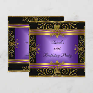 Convites Elegante 40º Aniversário Roxo Preto Dourado Art Dé