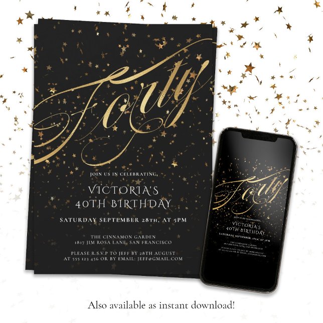 Convites Elegante 40 Dourado aniversário de 40 anos (Gold Black Forty 40th Birthday Faux Foil Confetti Invitation)