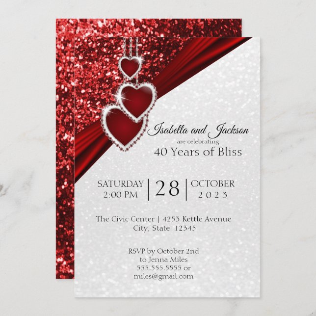 Convites Elegante 40th Ruby Red Glitter Design (Frente/Verso)