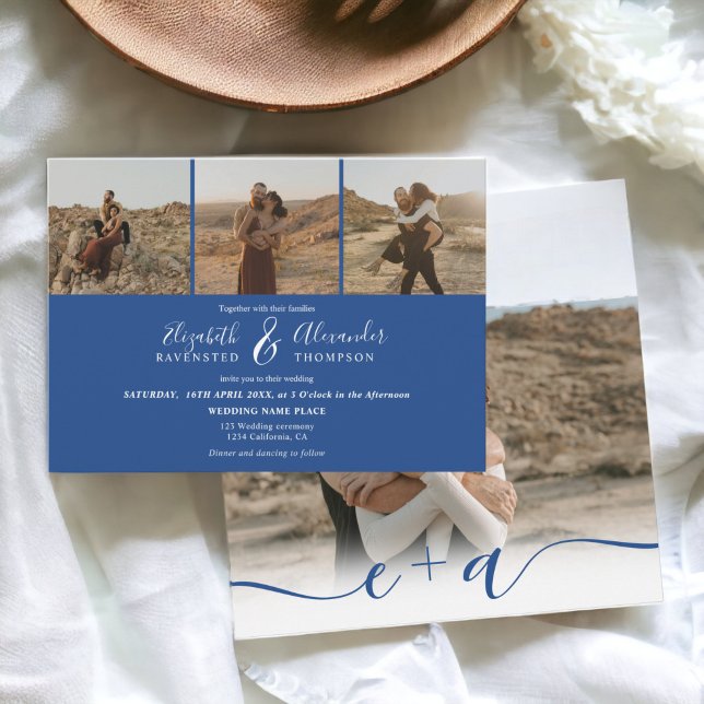 Convites Elegante 4 Fotos modernas roteiro branco azul de c (Elegant 4 Photos modern script wedding blue white Invitation)