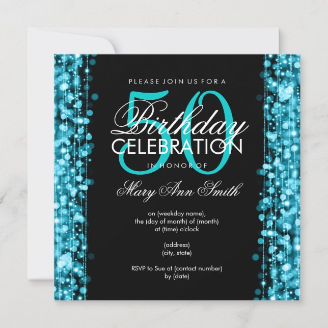 Convites Elegante 50ª Festa de aniversário Dispara Turquesa (Frente)