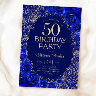 Convites Elegante 50º Aniversário Azul Real Dourado Floral